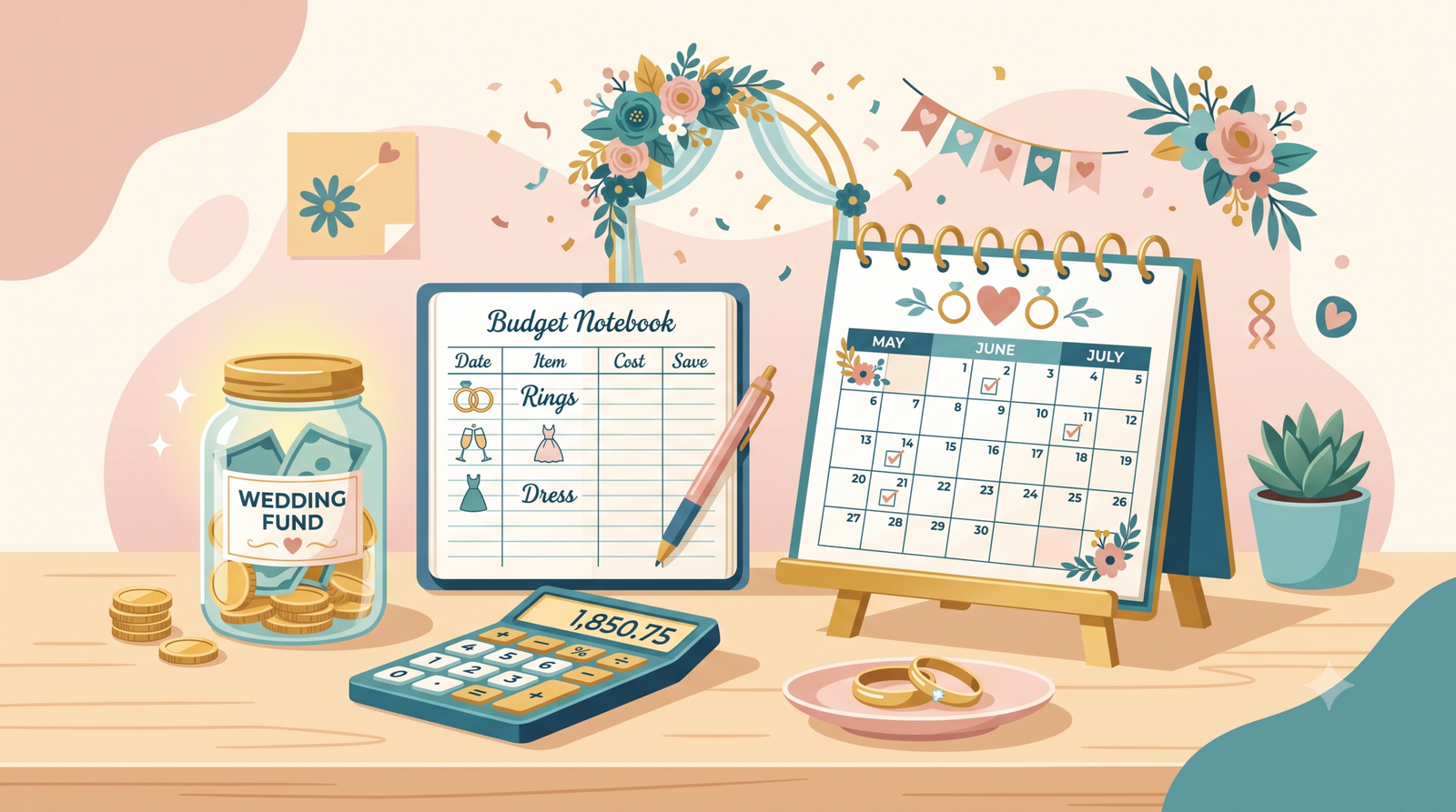 illustration showing a wedding savings plan and budget without debt